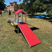 aire-de-jeux-petite-race-3 Aire de jeux petite race pour chiens avec toit rouge, rampe rouge et escalier coloré