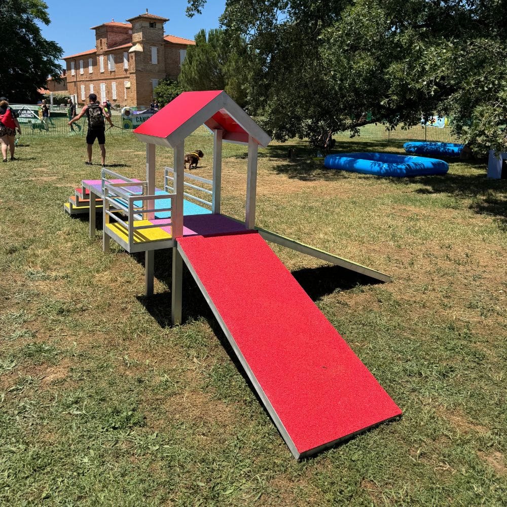 aire-de-jeux-petite-race-3 Aire de jeux petite race pour chiens avec toit rouge, rampe rouge et escalier coloré